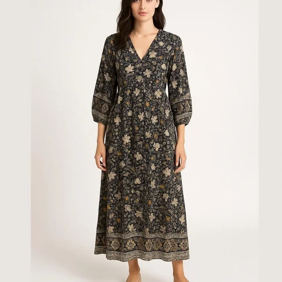Lovestitch Boho Floral Dress in Black, White, and Tan - Picture 1 of 10